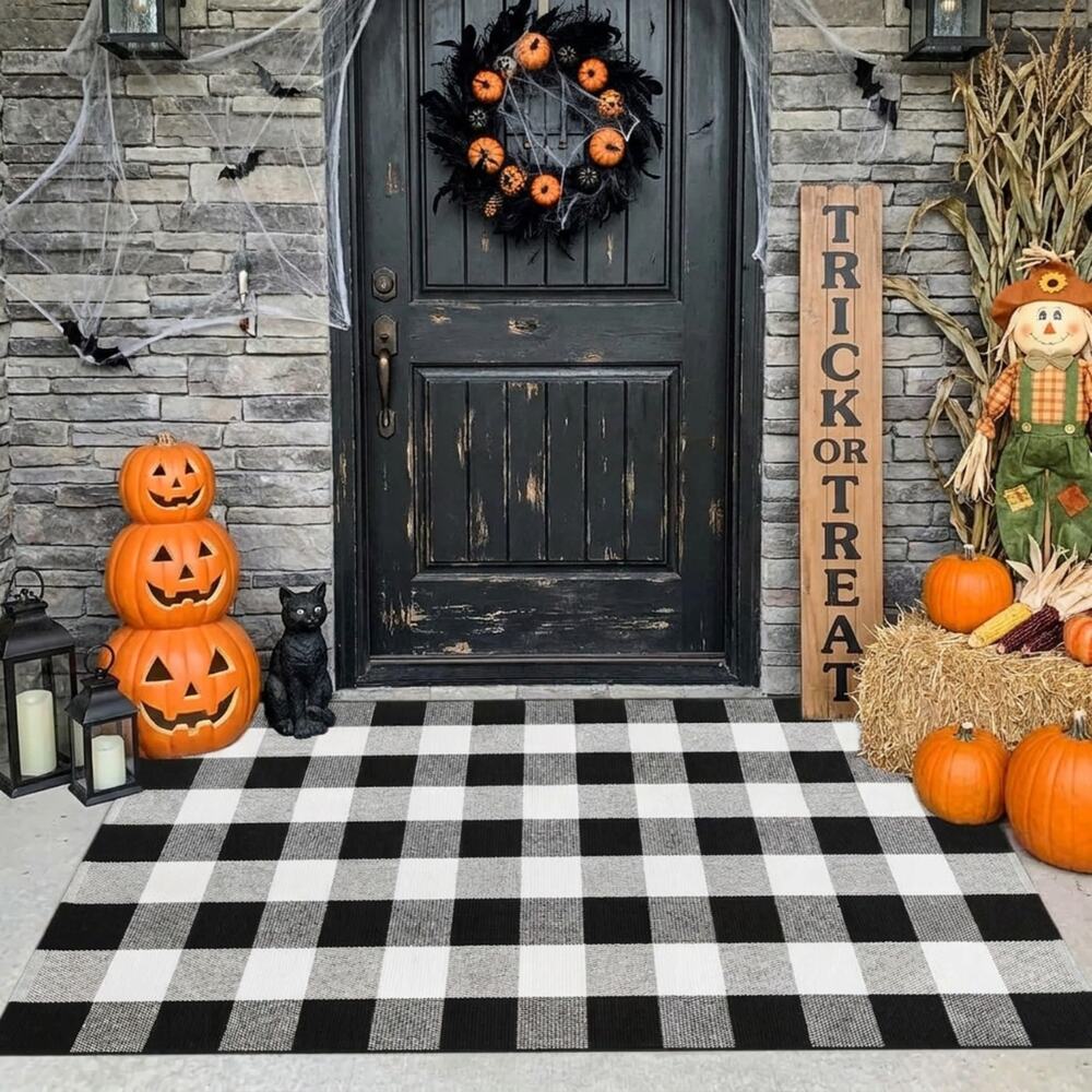 MUBIN Cotton Buffalo Plaid Rug 3' X 5' Black And White Outdoor Rug Front Door 30